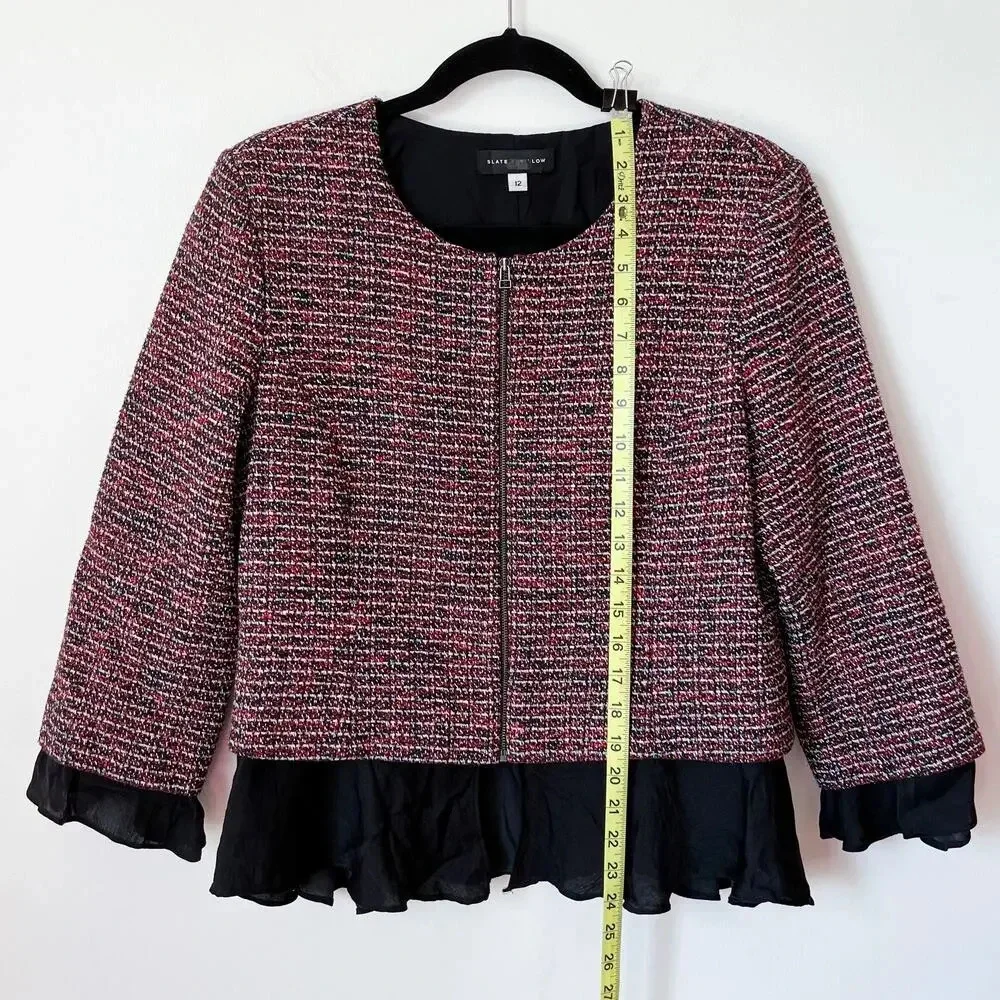 Slate &‎ Willow Tweed Ruffle Trim Peplum Jacket Blazer Zip Size 12 Career Work